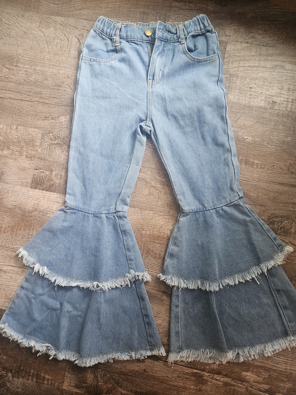 SHEIN Light Blue Double Ruffle Flare Jeans